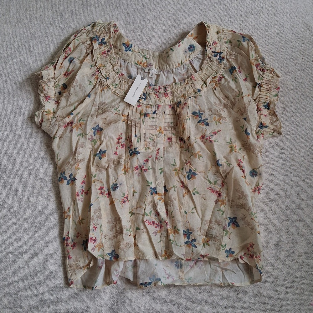 pilcro anthropologie cottagecore ivory floral sheer ruffle puff sleeve blouse xl